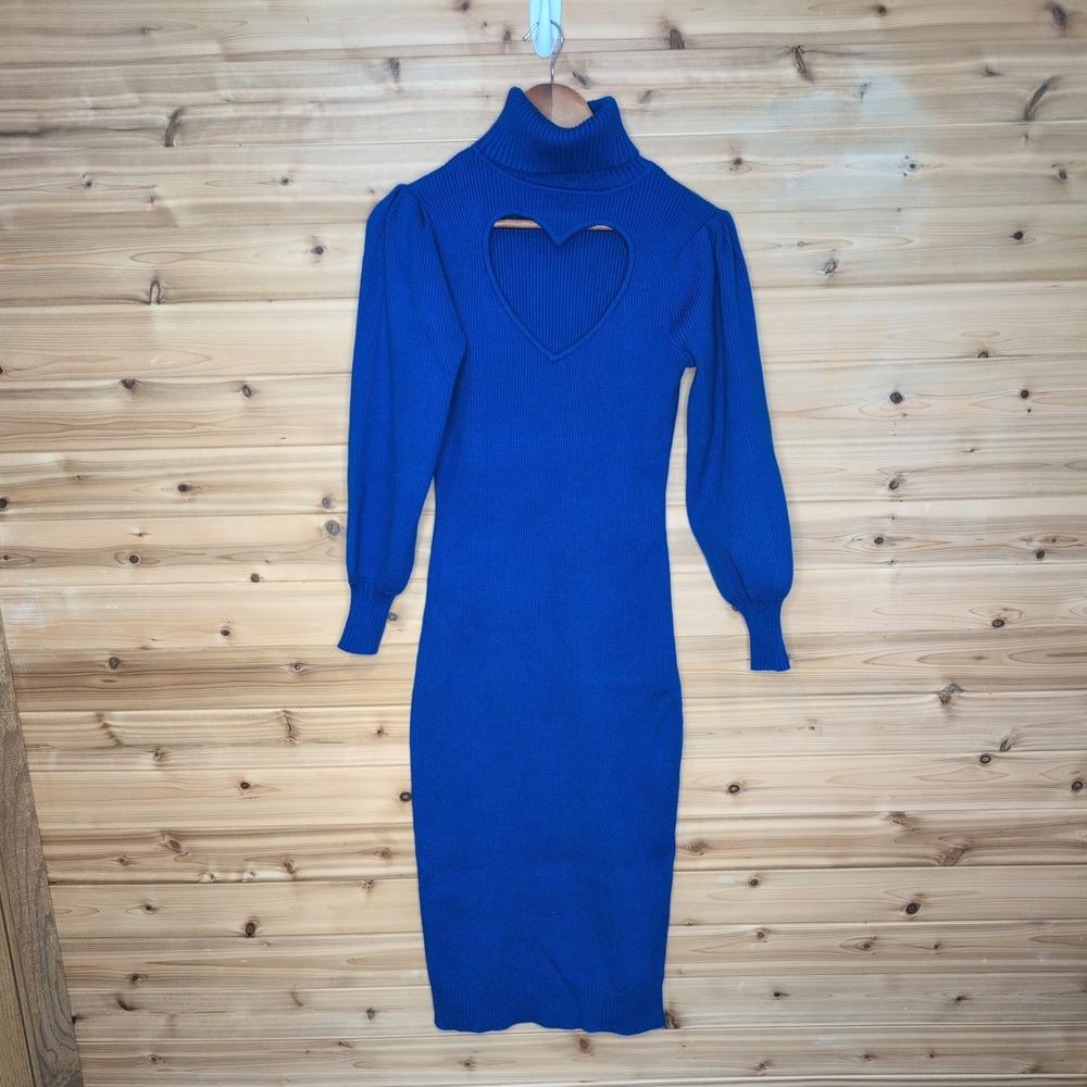 Farm Rio Blue Heart Cutout Turtleneck Ribbed Knit Midi Dress XS Royal Blue